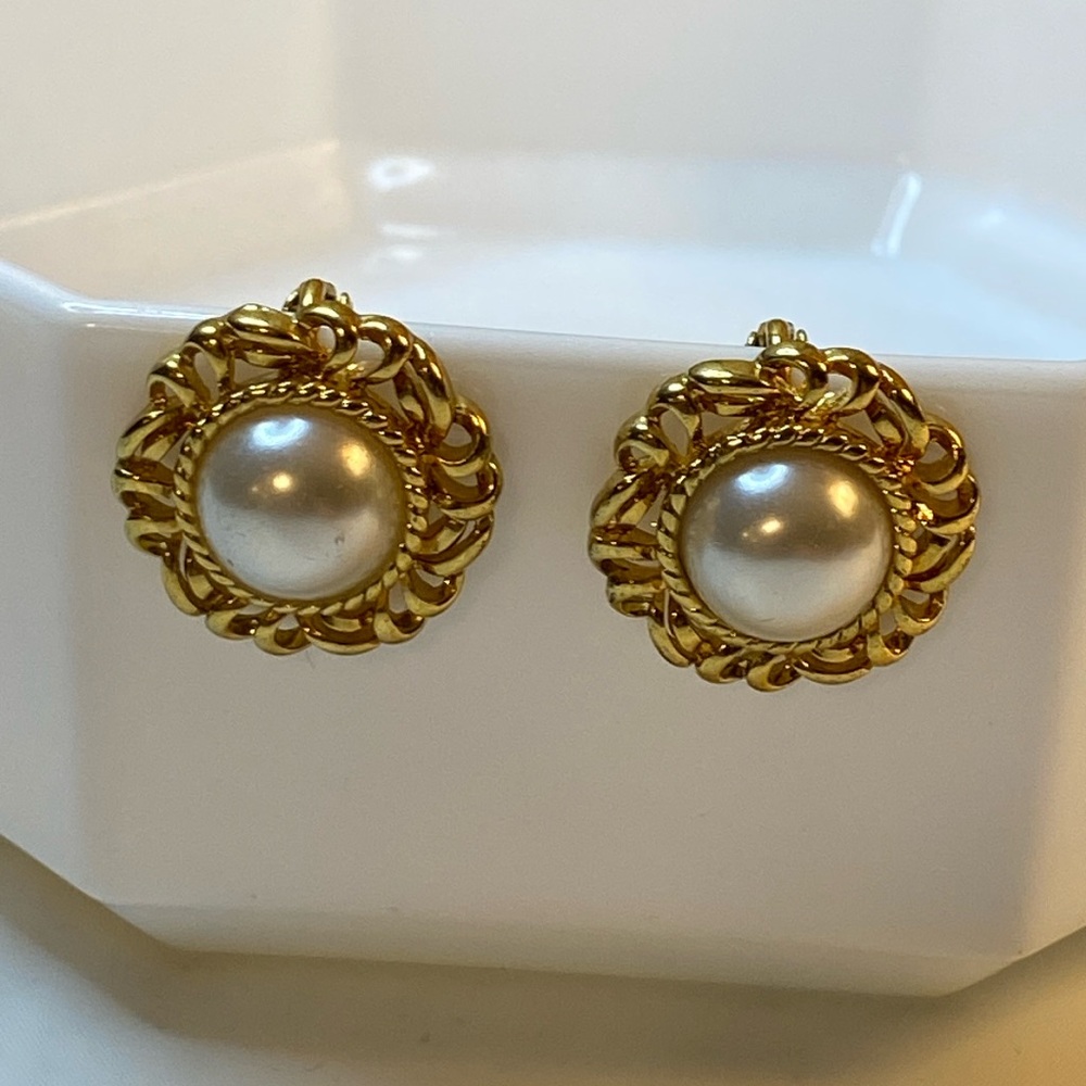 Vintage Napier Gold Tone Faux Pearl Clip-on Earrings